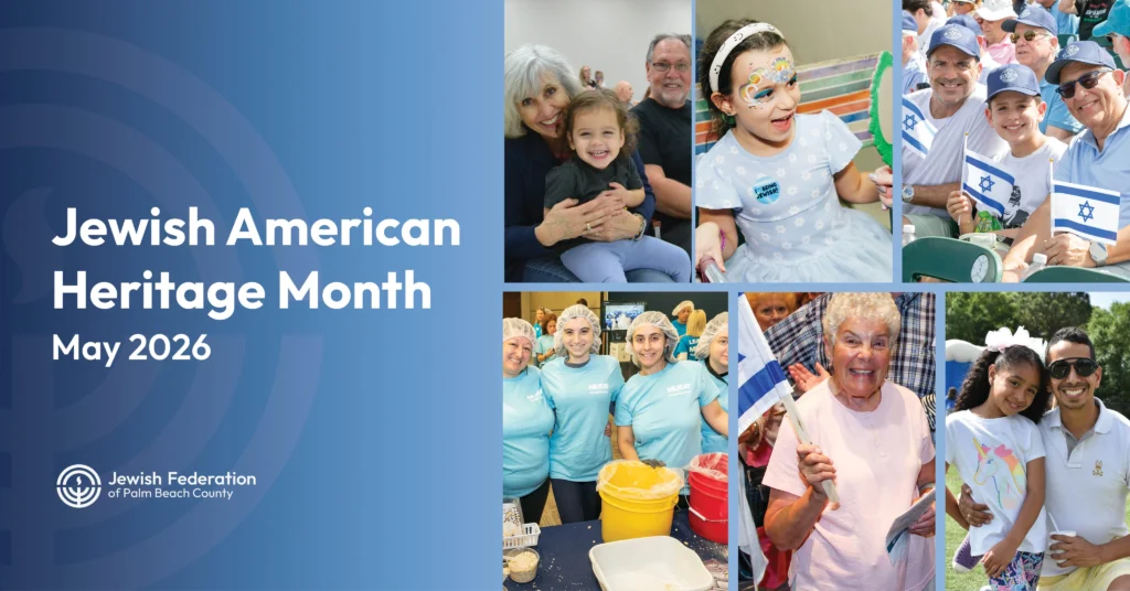 Banner for Jewish American Heritage Month May 2026 featuring community scenes, including families, volunteers, children, and older adults at cultural and community events.